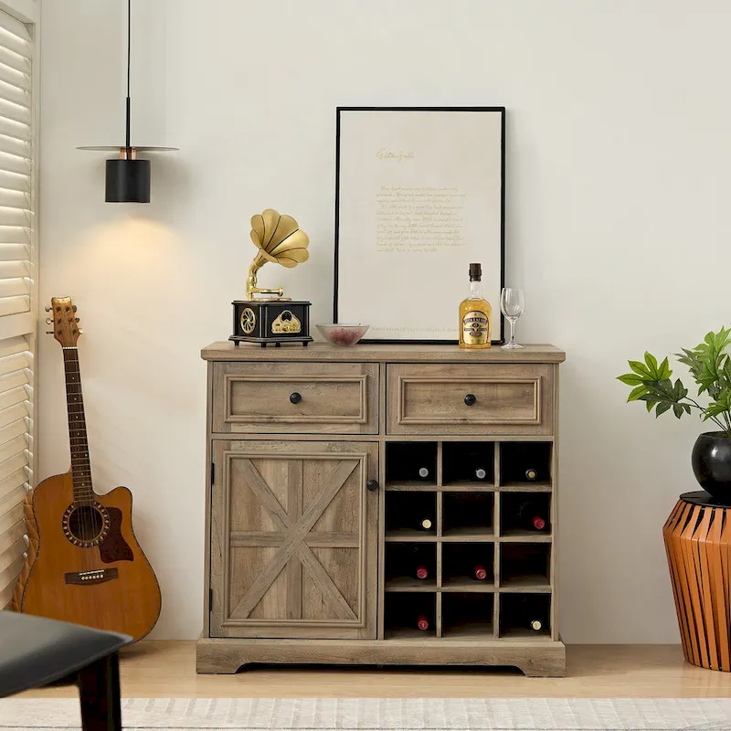 Espresso/Gray Wash Barn Door Buffet Cabinet with 12-Bottle Wine Rack & 2 Drawers