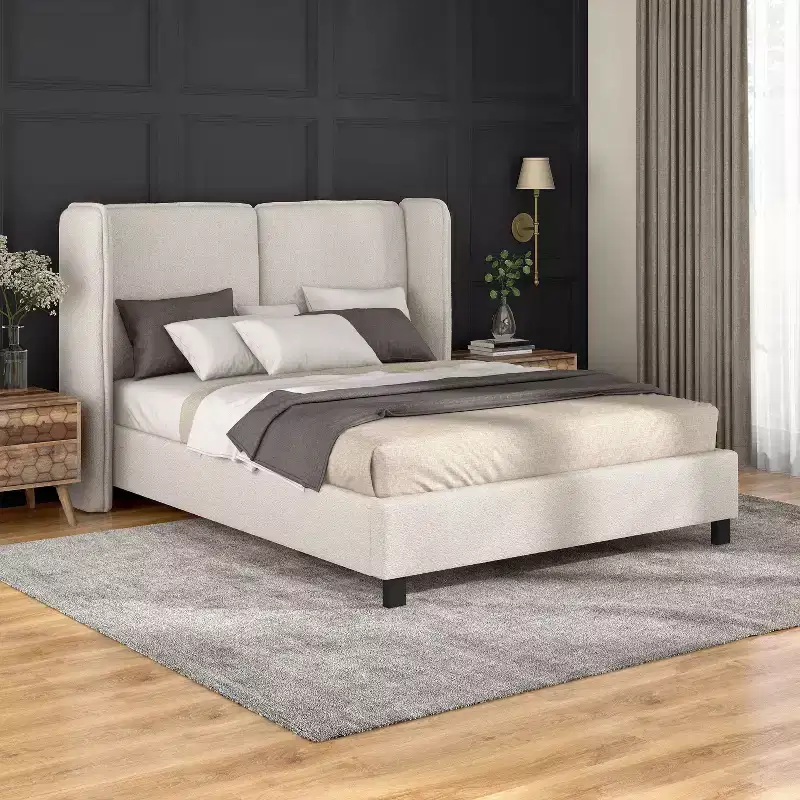 Queen Size Modern Boucle Upholstered Platform Bed with Wingback Headboard