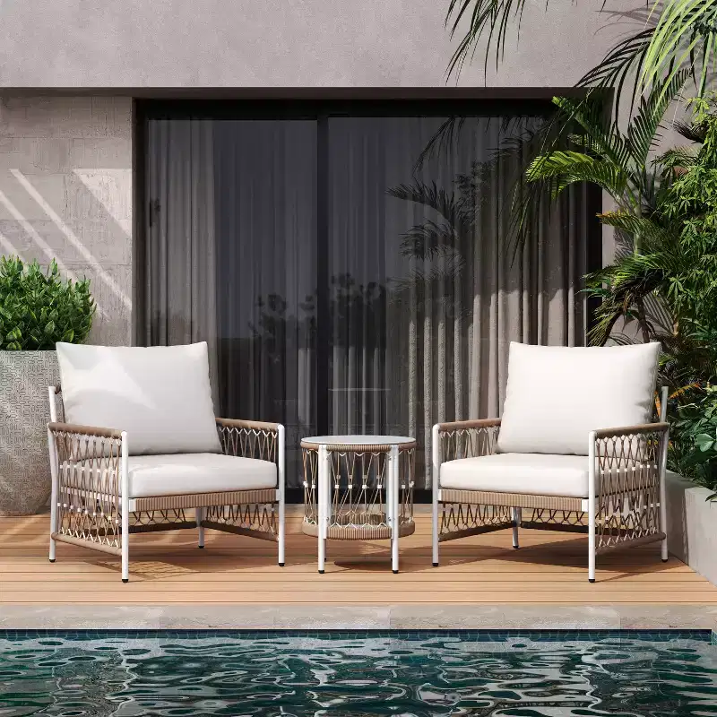 3-Piece Bohemian Outdoor Furniture Set with 2 Swivel Chairs and Glass Top Table, for Garden or Poolside