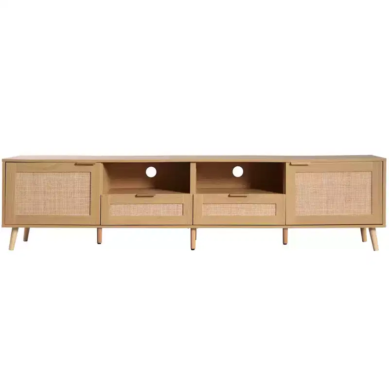 Clihome Rattan TV Stand for TVs up to 85'', Modern Farmhouse Media Console, Entertainment Center with Solid Wood Legs, TV Cabinet for Living Room