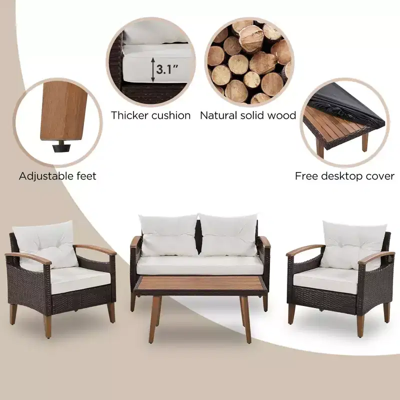 4-Piece Garden Furniture, Patio Seating Set, PE Rattan Outdoor Sofa Set, Wood Table and Legs, Brown and Beige