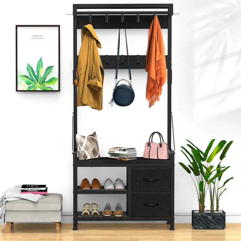 Hall Tree with Bench, Can Divided into freestanding Shoe Bench and Wall Rack