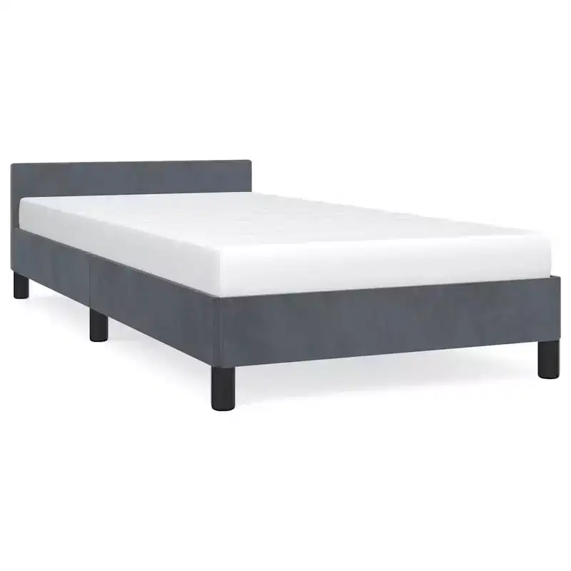 Bed Frame With Headboard Dark Grey Velvet, Plywood, Engineered Wood