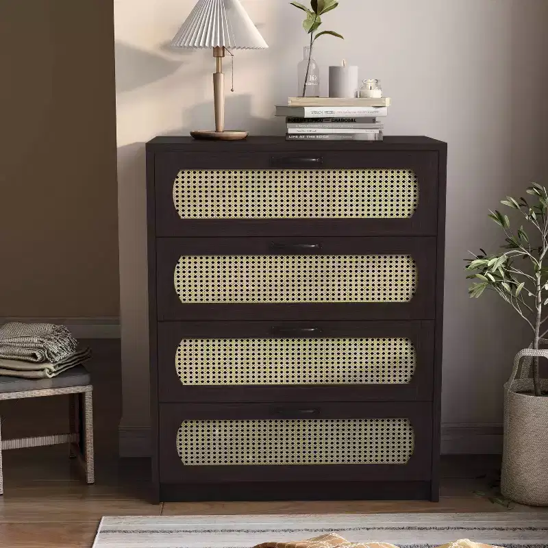 Transitional Faux Rattan Webbed 4 Drawer Chest, Espresso - Boho-Style