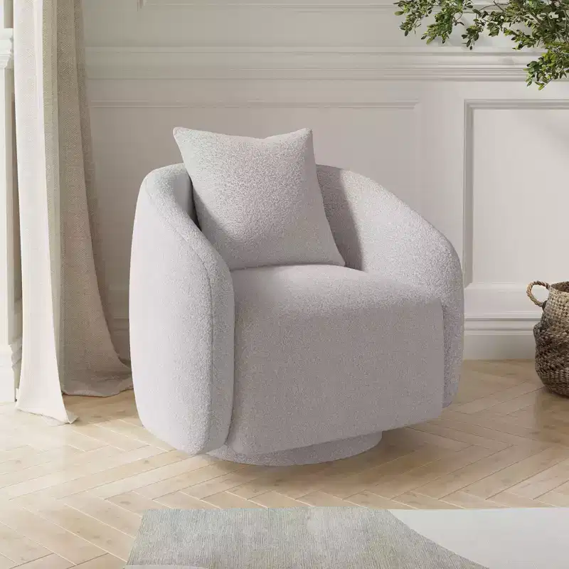 Swivel Accent Chair, Rotating Barrel Armchair with Back Pillow, Solid Wood Frame, Teddy Upholstered Chair for Living Room, Bedroom, Office