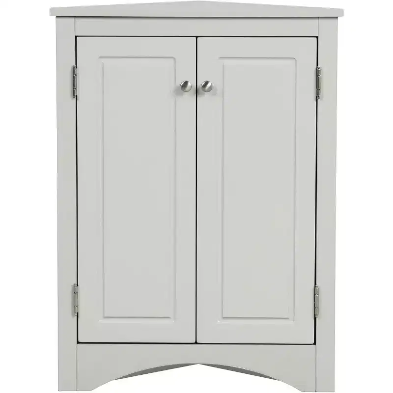 Triangular Corner Cabinet with Adjustable Shelves and Doors, Space-Saving Wooden Storage Unit for Bathroom, Kitchen, Living Room, Grey