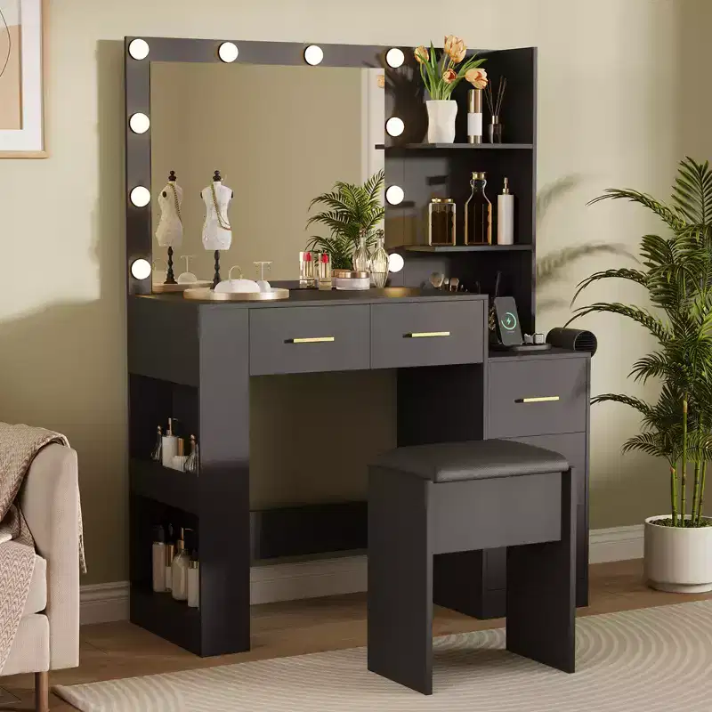 41 Vanity Desk with 10-Bulb Mirror, Built-in Outlets, 3 Lighting Modes, 5 Drawers & Cushioned Stool, Makeup Dressing Table for Bedroom