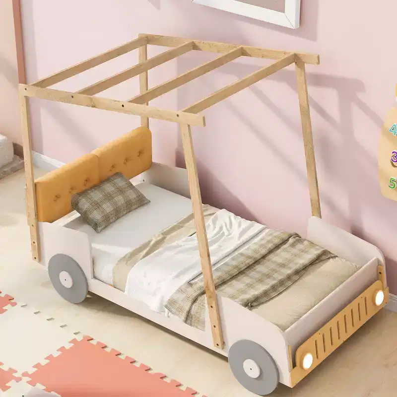 Wood Car Bed with Pillow, Ceiling Cloth and LED Natural
