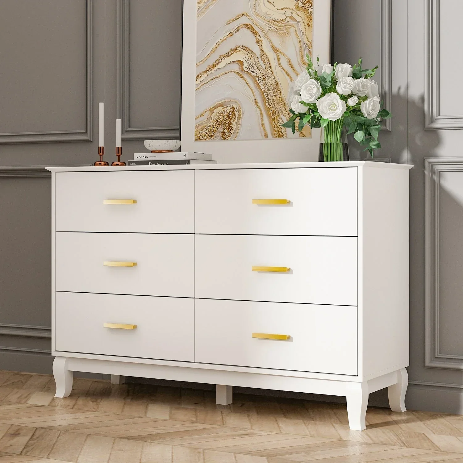 Timechee 6 Drawer 47.2W Double Dresser Solid Wood Legs Lacquer Chest