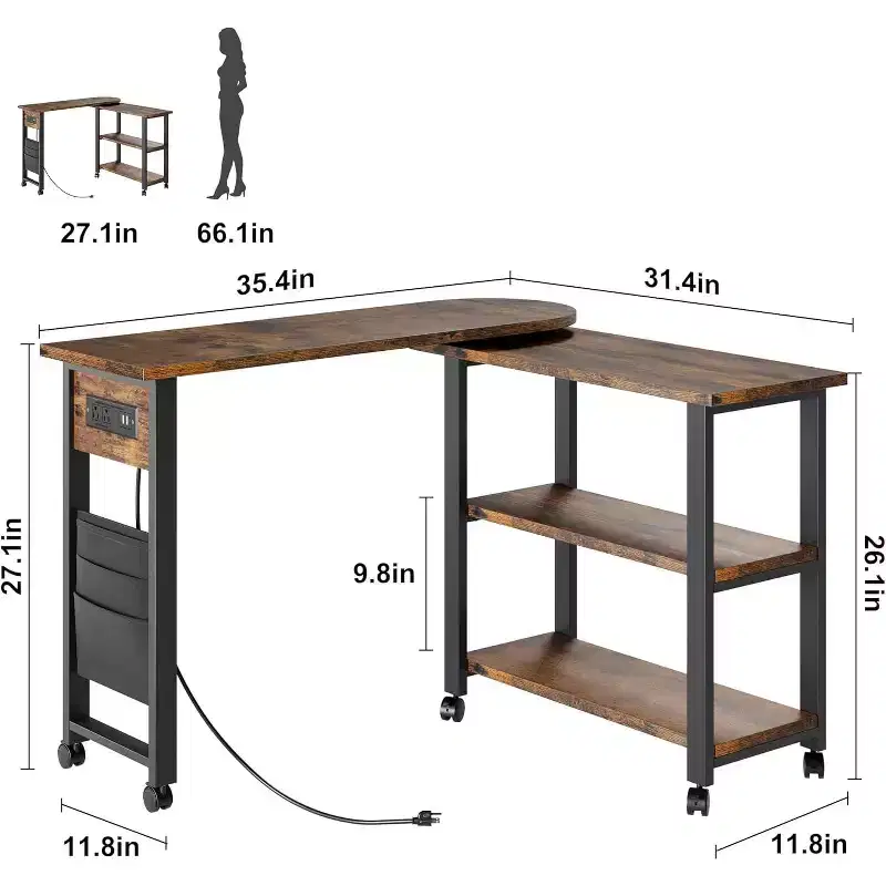 360 Degree Rotating End Table, Movable Side Table with Extra Storage Bag, 6 Lockable Wheels, Versatile Swivel Tables for Bedroom, Living Room,Office