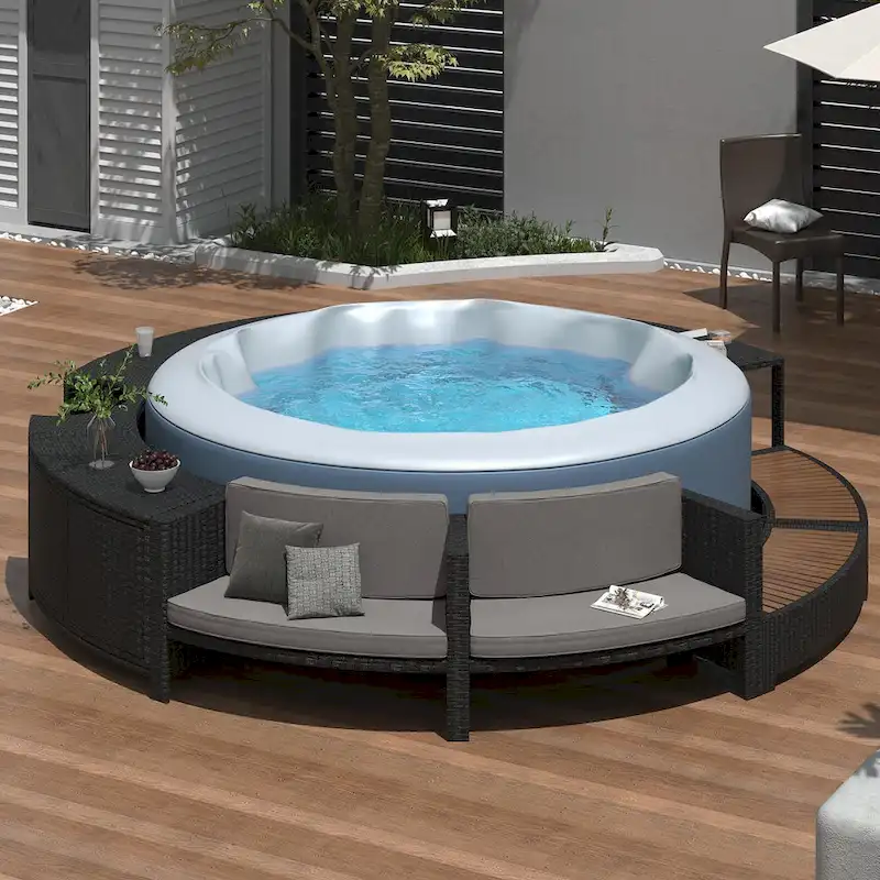 Outdoor Patio Rattan Furniture Set, All Weather Round Conversation Sofa Set with Acacia Wood Seat and Waterproof Cushion