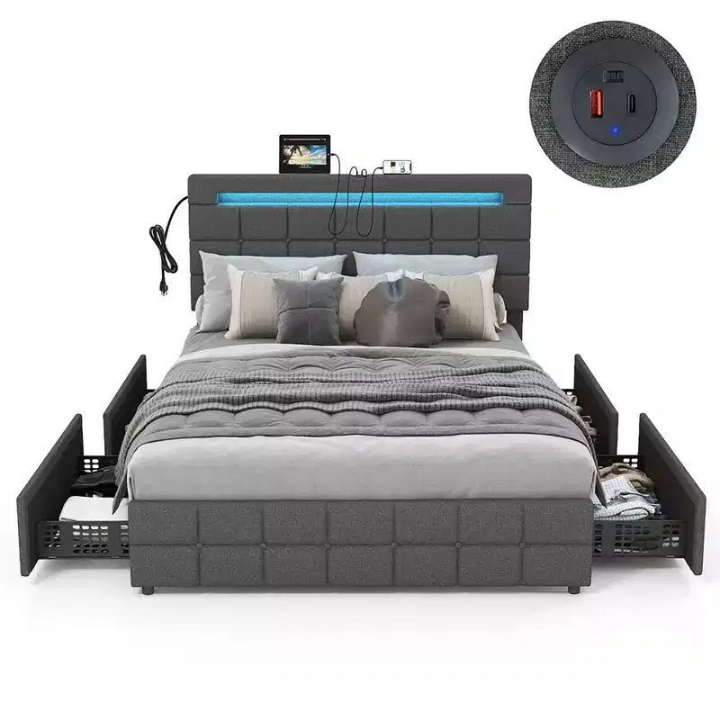 Full Upholstered Platform Bed with LED Headboard Charging Station Storage Drawer