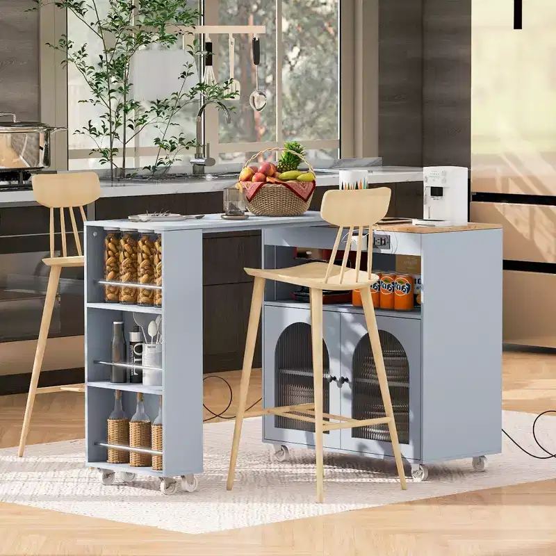 Modern Rolling Kitchen Island with Movable Table, Fluted Glass Doors, LED Light and Power Outlet