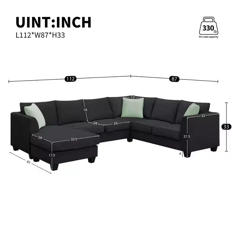 7-Seat Modular?Sectional Sofa Set: L-Shape Fabric?Corner Couch?with Ottoman & 3 Pillows