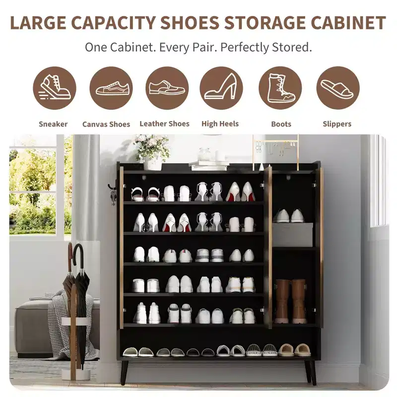 6-Tier Shoe Storage Cabinet with 3 Doors & Hooks, 2-Pack Brown, Large Entryway Organizer for Hallway & Living Room