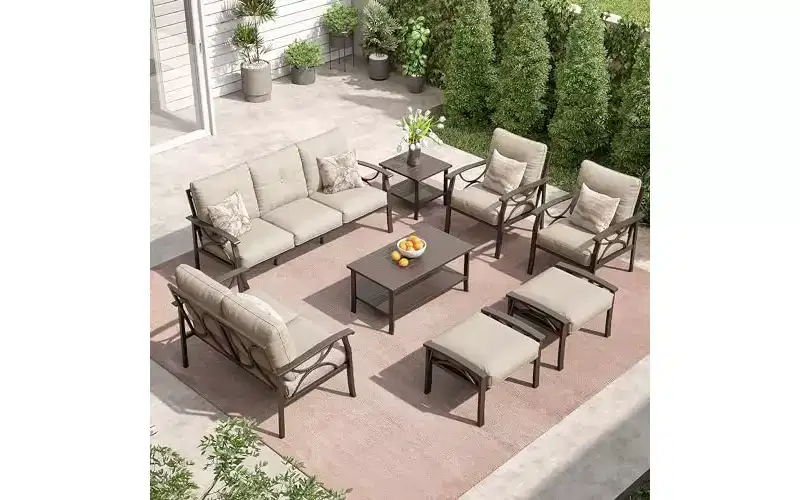 Heynemo Outdoor Patio Furniture Set, 8 Piece Patio Conversation Set with Coffee Table Side Table and Ottomans, Metal Furniture Set for Porch, Grey