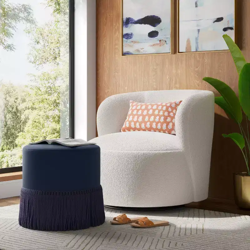 Fringe Drum Ottoman in Velvet