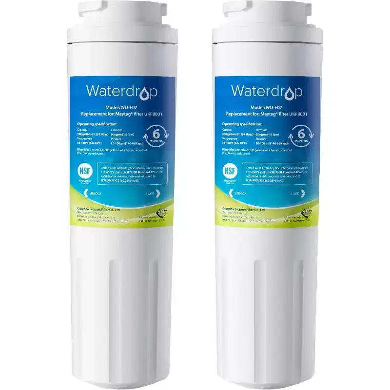 Waterdrop EDR4RXD1 Refrigerator Water Filter Replacement for EveryDrop Filter 4, Whirlpool UKF8001, 4396395, NSF 42 and 372 certified,2 Filters