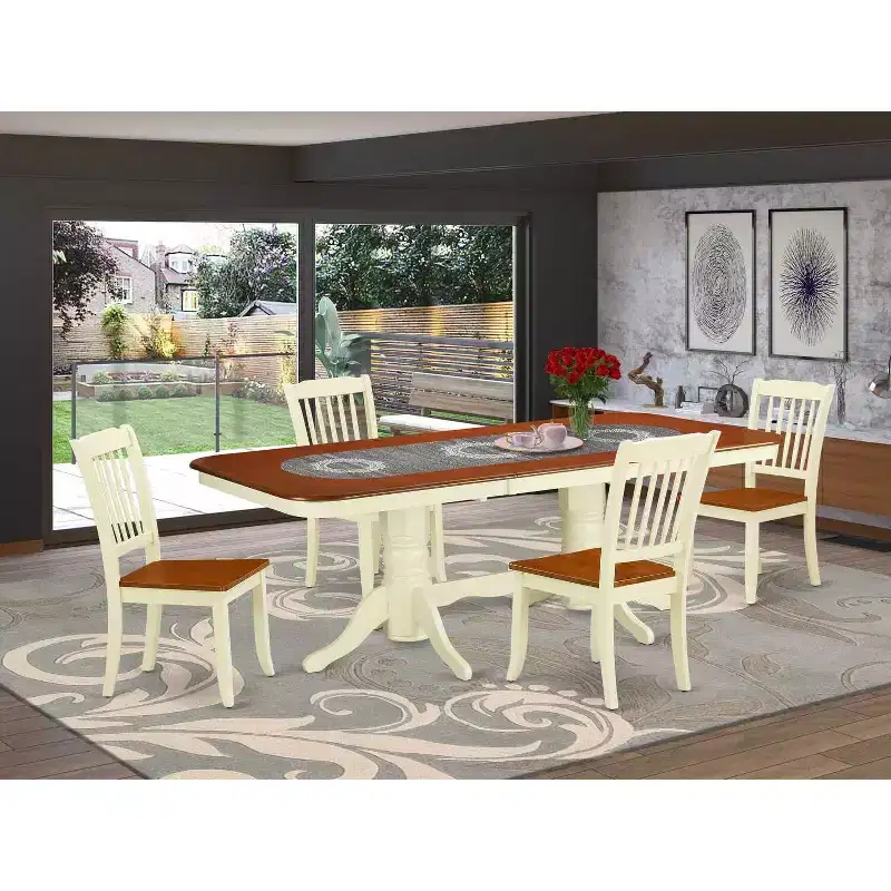 Rectangular Dining Table Set - 5 Piece Table & Chair Set - 60x78 Inch Table with Leaf - Modern Farmhouse Design