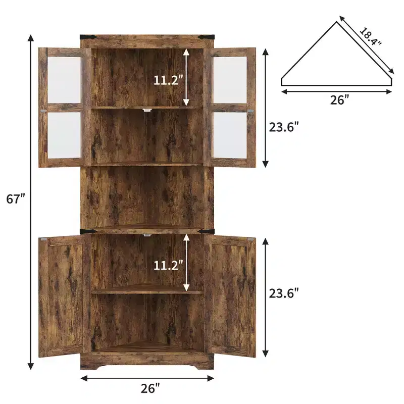 67 Inch Tall Corner Storage Cabinet with Lights, Wooden Farmhouse Corner Hutch Display Cabinet with Glass Doors, for Kitchen, Living Room, Bathroom