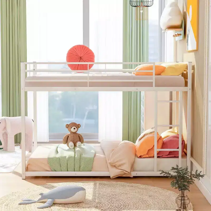Okak 77.1IN Twin-Over-Twin Size Metal Floor Bunk Bed, Twin Bed with Ladder and Safety Guardrail, Kids Bunk Beds for Bedroom, Dormitory, White