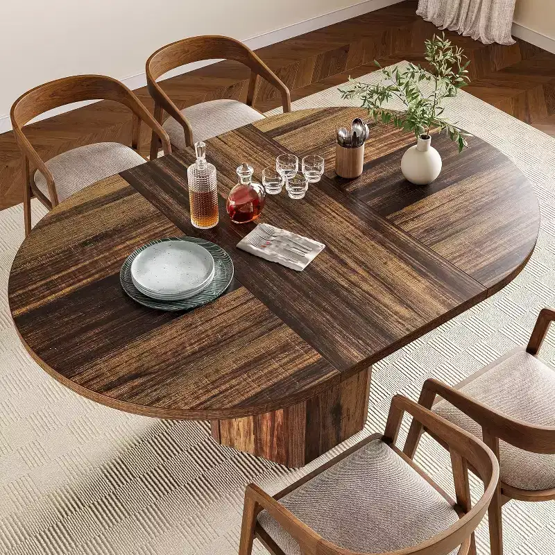 Lantine 55-Inch Rustic Oval Dining Table for 6, Wood Kitchen Table with Wooden Base for Kitchen, Dining and Living Room, Brown