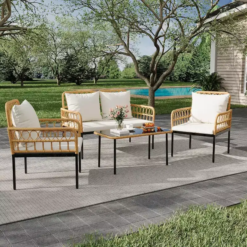 4-Piece Outdoor Patio Furniture Set, All-Weather PE Rattan Wicker Loveseat & Chairs with Glass Coffee Table & Steel Frame, Boho Conversation Set