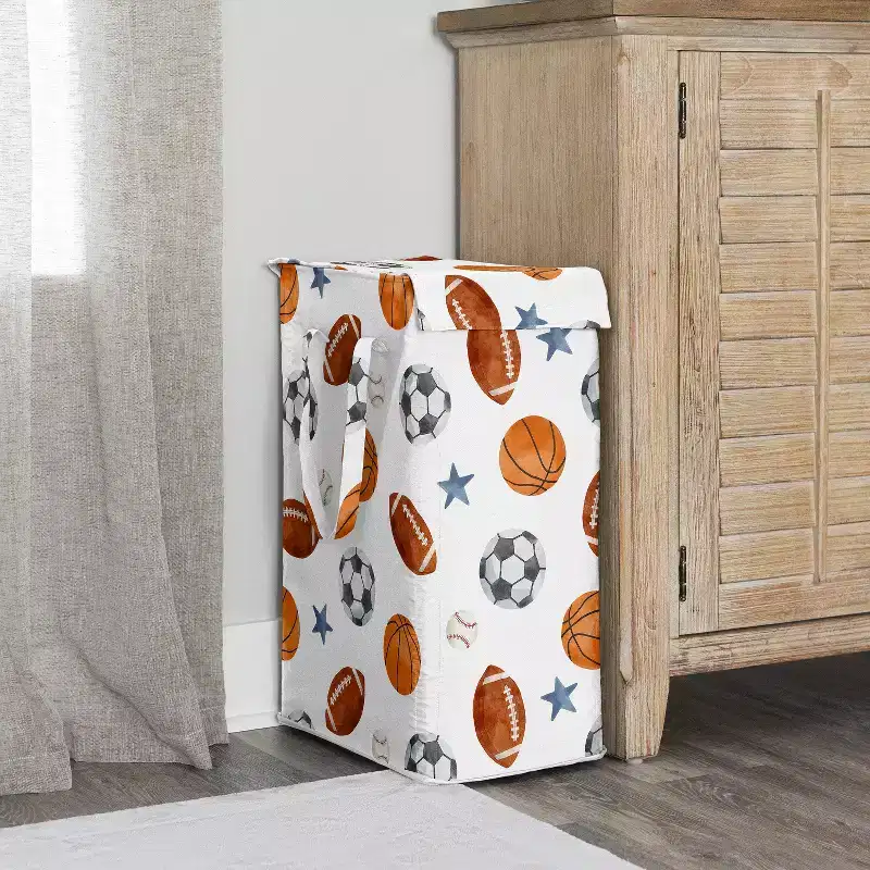 Boy Foldable Laundry Hamper with Handles Watercolor Sports Theme Blue Brown and Orange