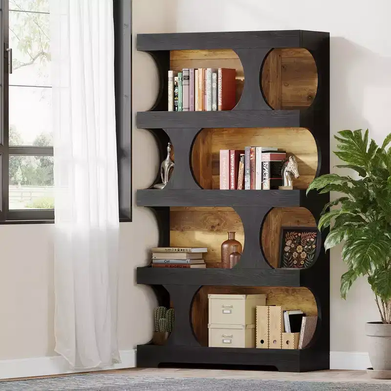 4-Tier S-Shaped Tall Bookcase, Modern Black & Brown Two-Tone Classic Design