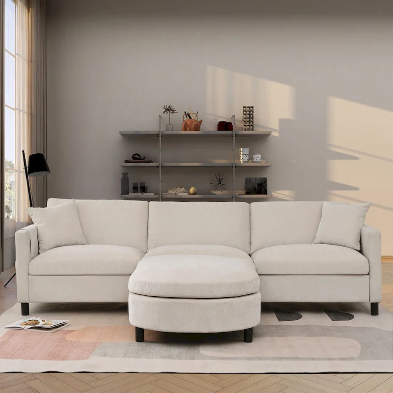 Beige 107.87  Spacious 4-Seater Sofa with Movable Ottoman