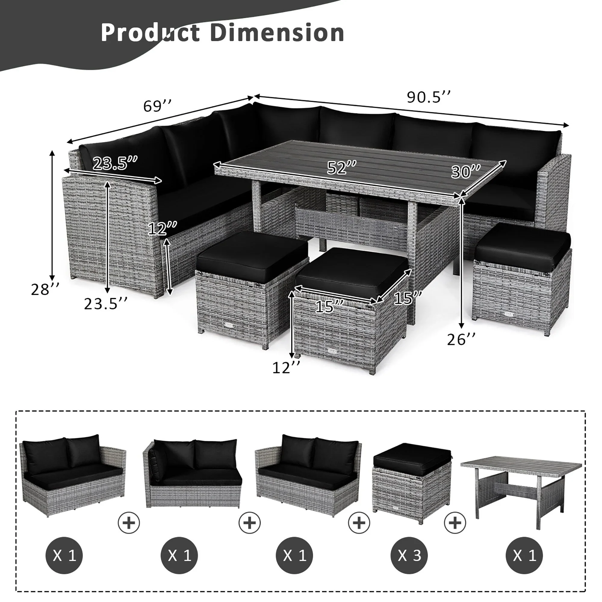 Costway 7 PCS Patio Rattan Dining Set Sectional Sofa Couch Ottoman - See Details