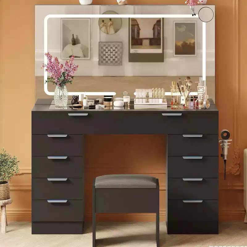 46 Modern Makeup Dressing Table with Mirror, with Glass Top, Magnifying Glass, Hairdryer Holder 10 Drawers and Stool for Bedroom, Cloakroom