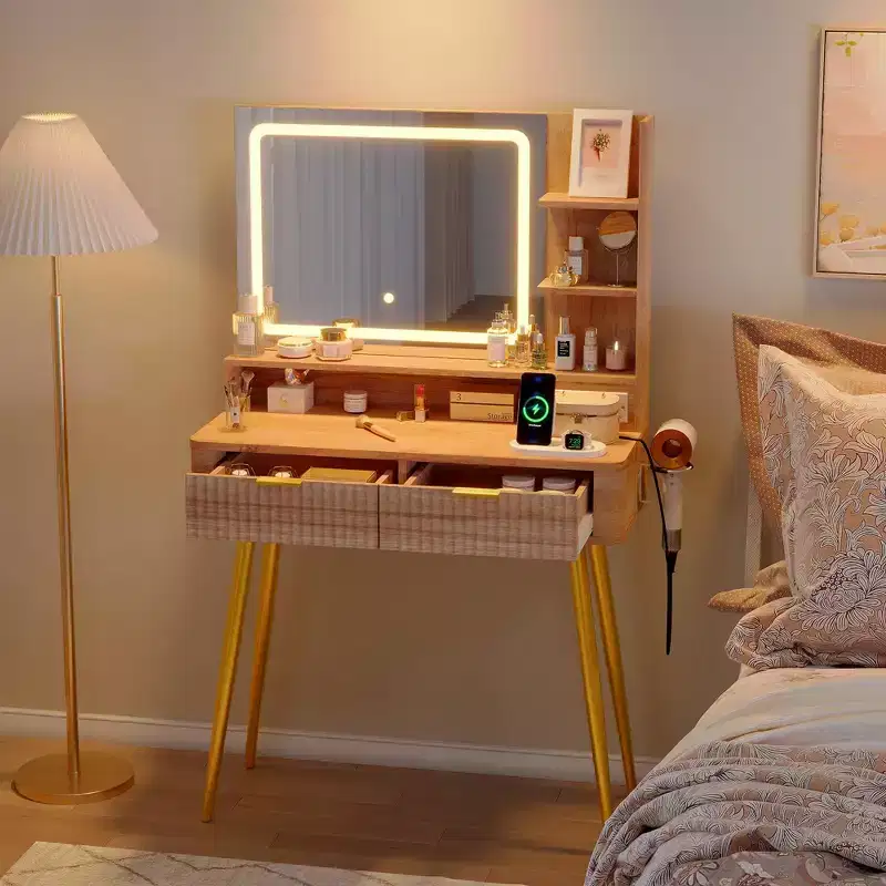 31 Small Fluted Makeup Vanity Desk, Mid Century Modern Vanity Table with Mirror, 2 Drawers, for Bedroom