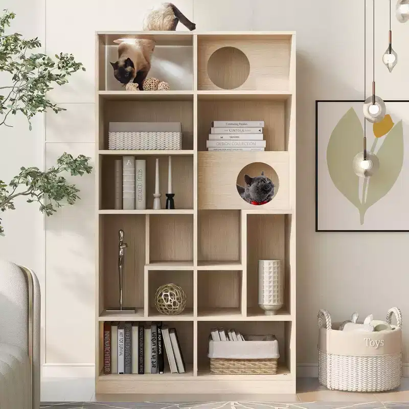 Modern Bookshelf with Cat Litter Box, Display Case with Cat Climbing Shelf, 2-in-1 Bookcase for Living Room, Bedroom, Natural