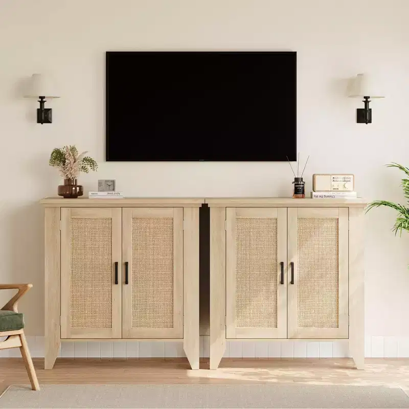 Rattan Storage Cabinet, Small Accent Cabinet with 2 Doors and Adjustable Shelf for Living Room, Entryway, and Kitchen