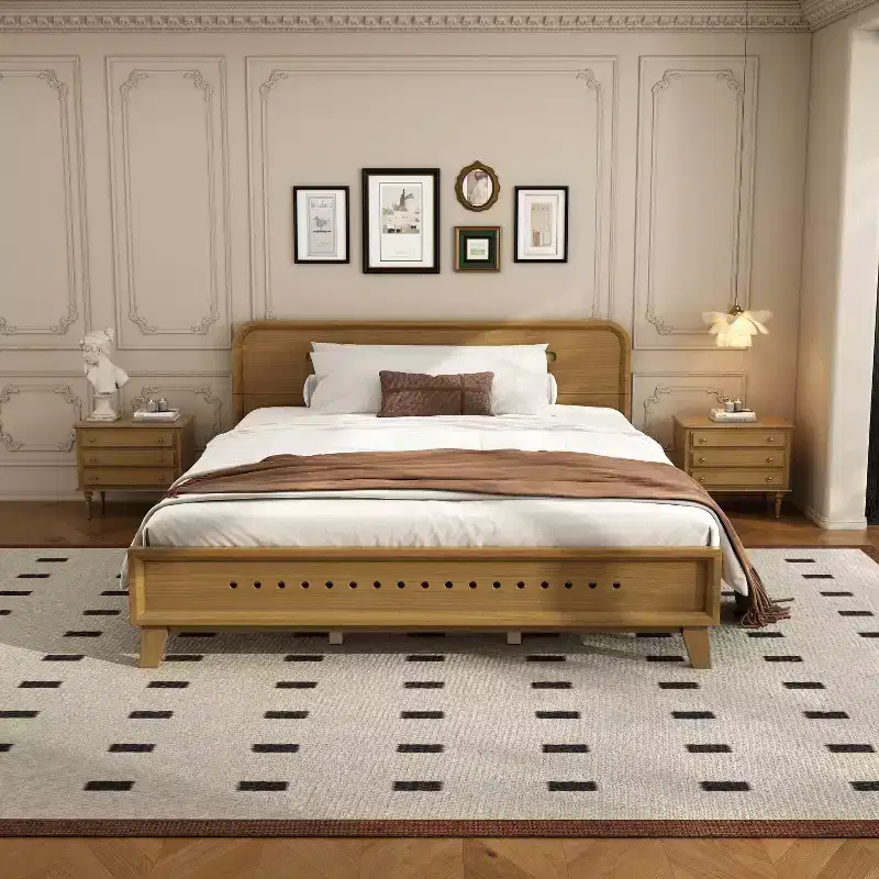 King/Queen Size Bed Frame, Solid Pine Wood Platform Bed Frame, No Box Spring Needed, Rustic Yellow