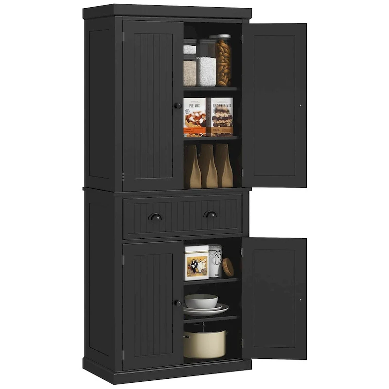Black Freestanding Pantry Cabinet with Drawer, Doors & Adjustable Shelves – 1-Person Assembly