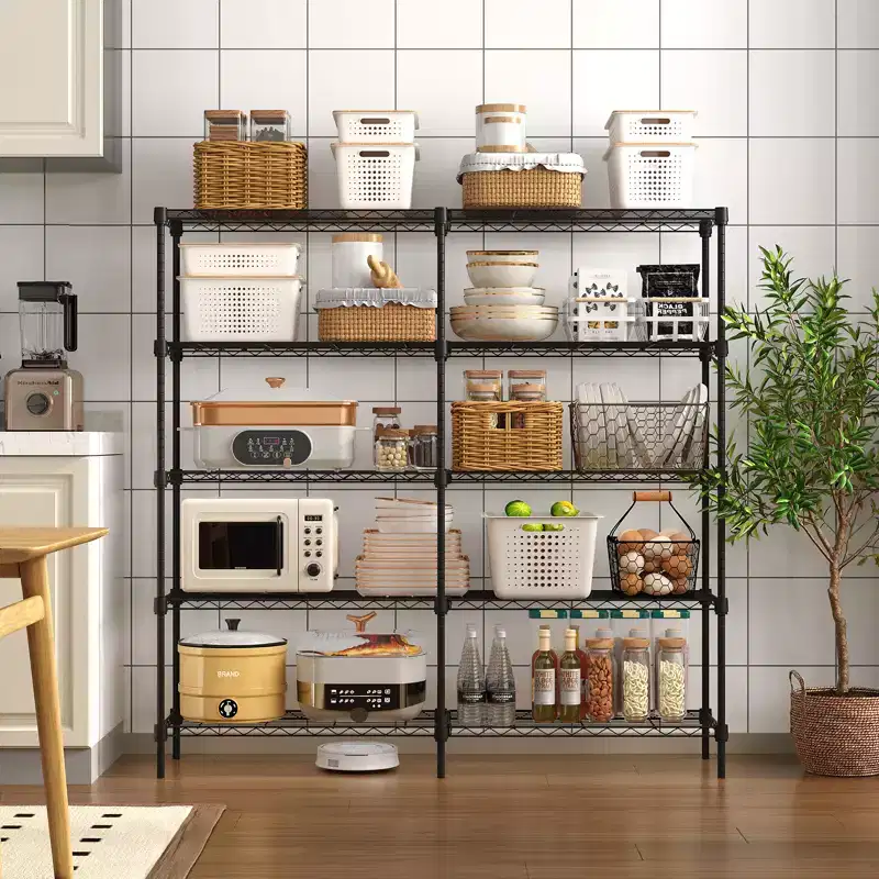 5-Tier Black Wire Metal Shelving Unit, Adjustable Height, 180 lbs per Shelf