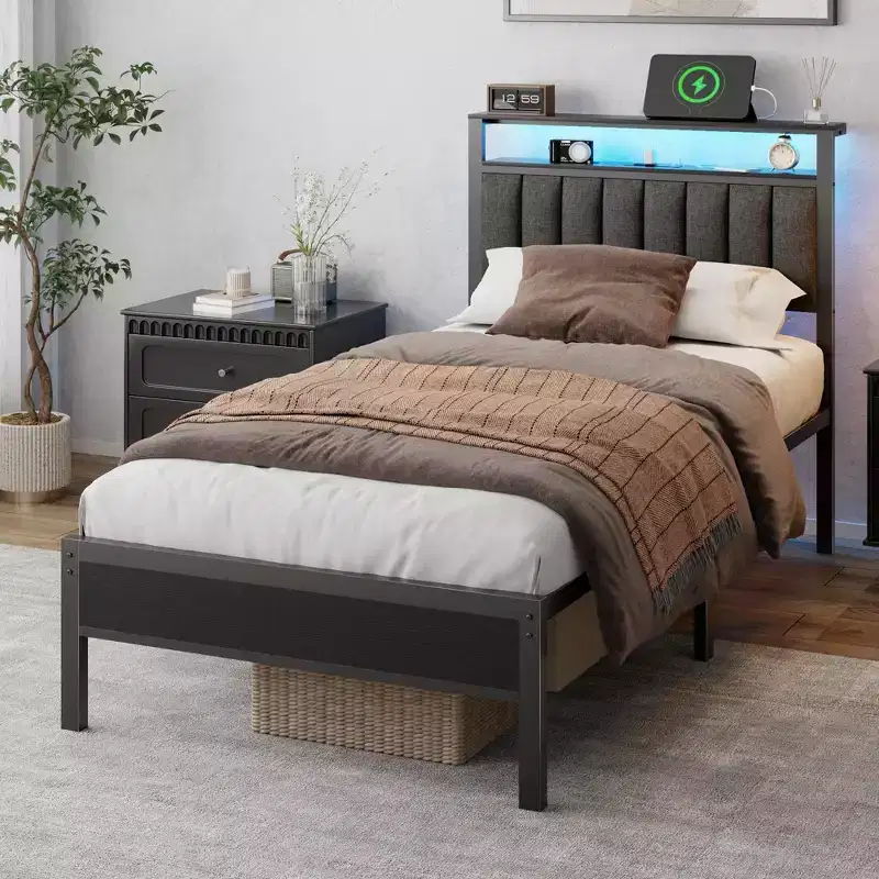 Twin Platform Bed Frame with LED Lights and Charging Station