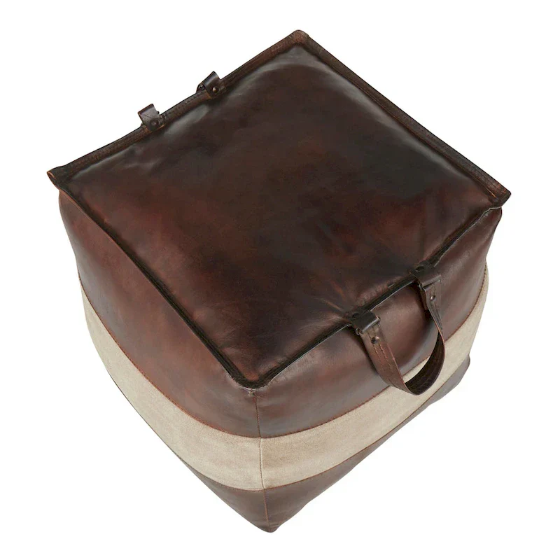 Leather & Canvas Pouf Ottoman – Brown/Tan, Black/Grey, Espresso/Tan – 1 Person