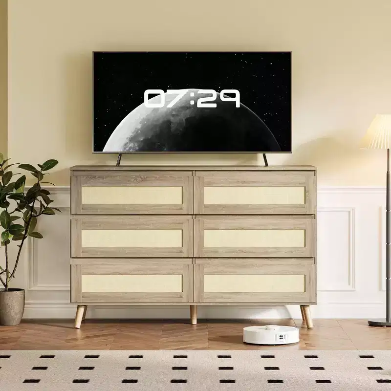 6-Drawer Rattan Dresser with Wide Top - Wooden Chest of Drawers for Bedroom or Closet