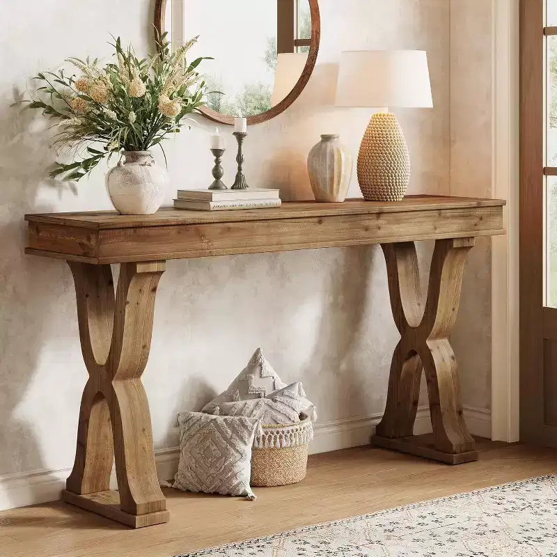 63-Inch Solid Wood Farmhouse Console Table with X-Shaped Legs for Entryway, Hallway, or Living Room