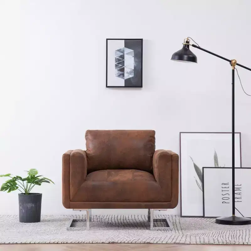 Cube Armchair - Brown Faux Suede Leather Upholstery, Ergonomically Designed, Sturdy Wooden Frame, Stylish Chrome Feet, Comfortable Seating