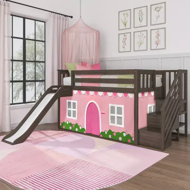 Low Twin over Twin Bunk Bed with Stairs, Easy Slide & Light Pink and White Farmhouse Curtain