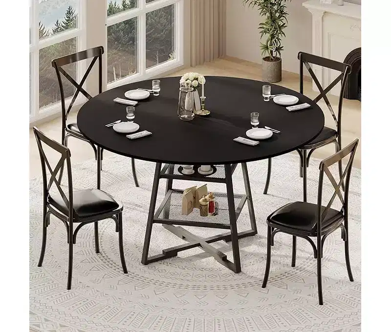 Dining Room Round Table Set for 4-6, Circle Kitchen Dining Table with Metal Base, 47 Inch Wooden Round DiningTable