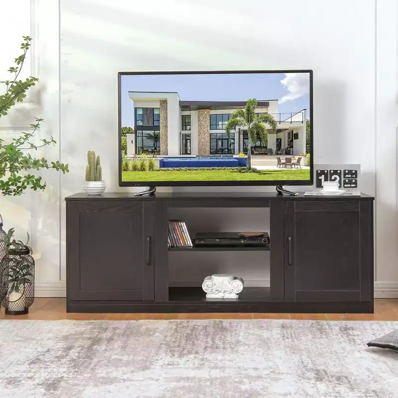 Costway 58'' TV Stand Entertainment Console Center W/ 2 Cabinets for 65'' TV Natural\Black\Walnut