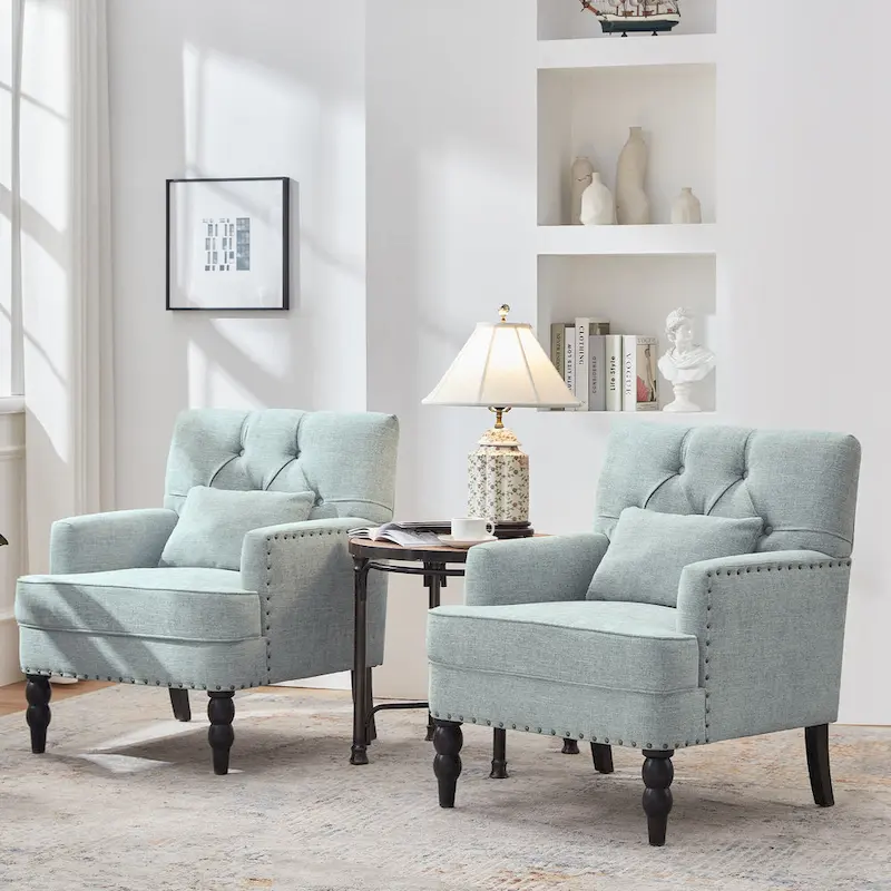 HUIMO Arm Chair Upholstered Button Tufted Accent Chair with Lumbar Pillow Beige/ Grey/ Light Blue/Brown