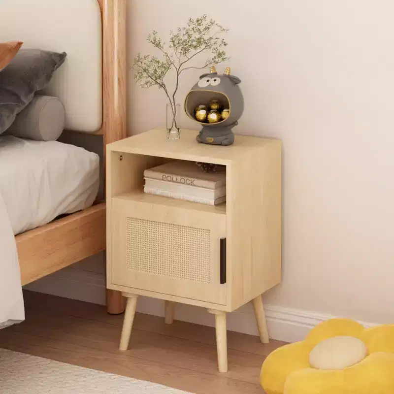 Rattan Nightstand Wood End Table, Accent Bedside Side Table with Open Shelf, Modern & Natural Aesthetic