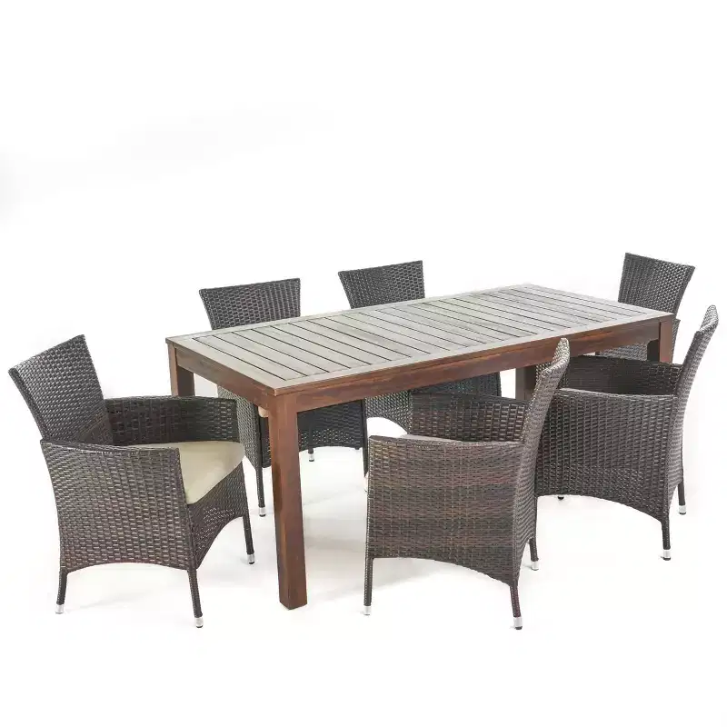 GDFStudio Taft Outdoor 7 Piece Acacia Wood and Wicker Dining Set with Cushion, Dark Brown/Beige