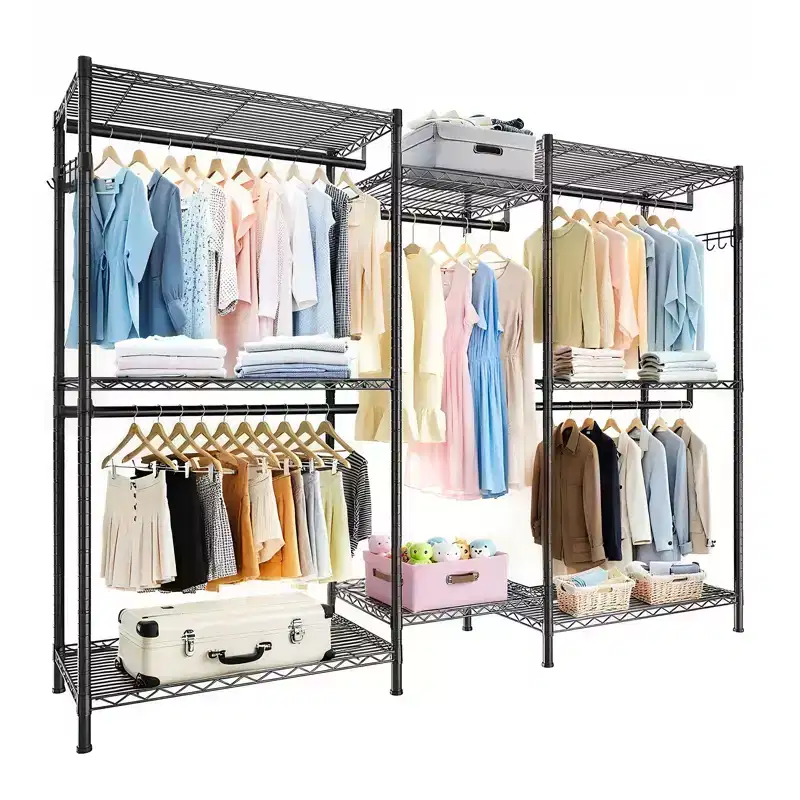 Heavy Duty Freestanding Clothes Rack - 6-Tier Adjustable Wire Shelves, 3 Hanging Rails, Portable Metal Closet Organizer (Black)